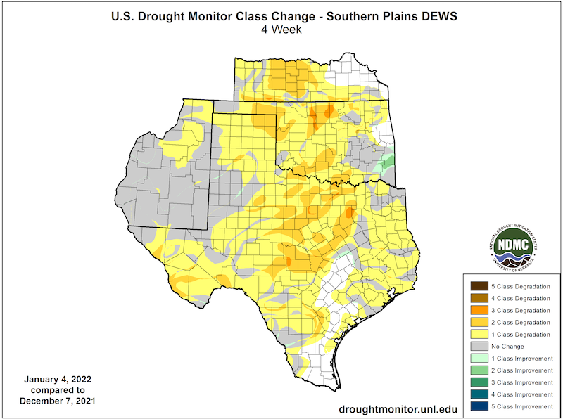 U.S. Drought Monitor Change Map for Kansas, New Mexico, Oklahoma and Texas, showing the change in drought conditions from December 7, 2021 to January 4, 2022. Much of the region has seen 1-3 class degradation in drought conditions.