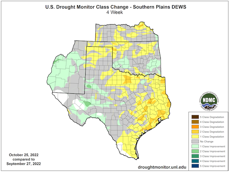  Over the last 4 weeks drought has worsened by 1 to 3 categories in  Oklahoma and southern Kansas and eastern Texas.