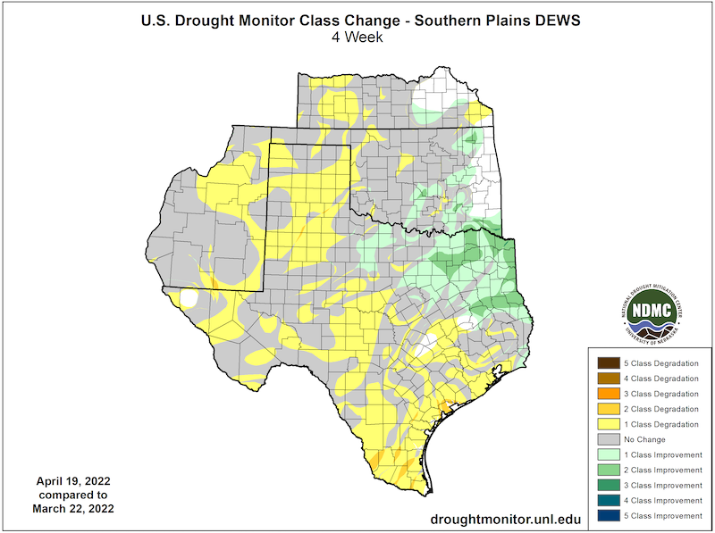 U.S. Drought Monitor Change Map for Kansas, New Mexico, Oklahoma and Texas, showing the change in drought conditions from March 22 to April 19, 2022.  Drought has improved over north eastern Texas, worsened for southern and western Texas and with little change elsewhere as drought conditions have been in place since early winter.