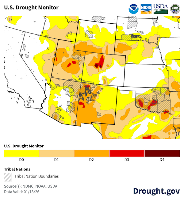 According to the U.S. Drought Monitor, drought is present in much of the region, in particular in central Utah, north central Colorado, southern Wyoming, and across western New Mexico.