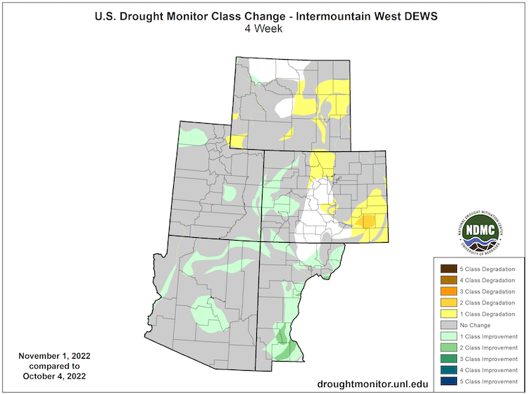 From October 4 to November 1, parts of eastern Wyoming and eastern/northern Colorado have seen drought degradations, while pockets of Utah, Arizona, New Mexico, and western Colorado saw improvements.
