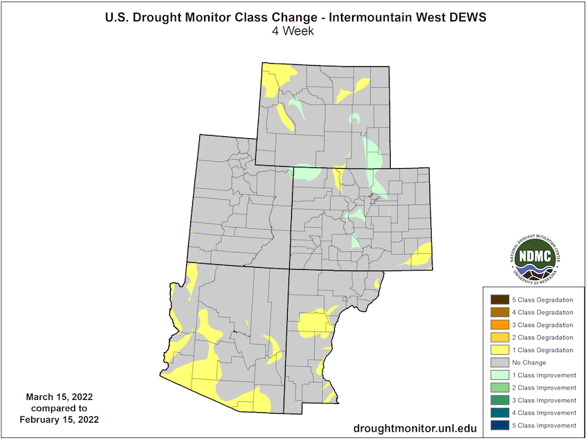 U.S. Drought Monitor change map for the Intermountain West, showing how drought has improved or worsened from February 15 to March 15, 2022. Parts of Arizona, New Mexico, Wyoming, and Colorado have seen a 1-category degradation, and other parts of Colorado and Wyoming have seen a 1-category improvement.