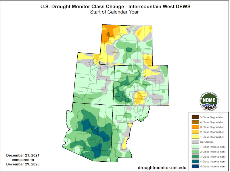 A map of the Intermountain West showing the change in the U.S. Drought Monitor from December 29, 2020 to December 28, 2021. Much of the Intermountain West saw drought improvement, with a 2 to 4-class improvement in much of Arizona. Northwestern Wyoming saw 1-4 class degradation over 2021.
