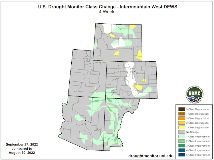 Parts of all states in the region have experienced a one U.S. Drought Monitor category improvement over the 4-week period from August 30 to September 27.