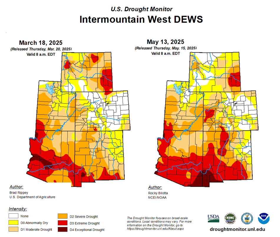 According to the U.S. Drought Monitor, drought expanded in the Four Corners states and worsened in southern Arizona and New Mexico over the last two months. 