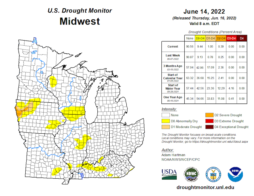 U.S. Drought Monitor map of the Midwest, showing drought conditions as of June 14, 2022