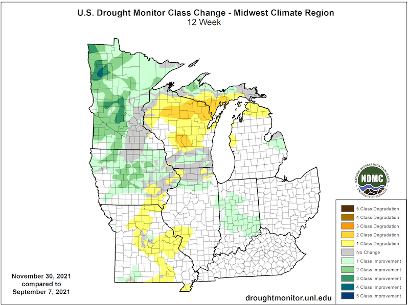 U.S. Drought Monitor change map for the Midwest, showing the change in drought classification from September 7 to November 30, 2021. Parts of northern and central Wisconsin and northern Michigan have seen a 1 to 2 category degradation, while central and western Minnesota and parts of Iowa have seen a 1 to 3 category improvement.