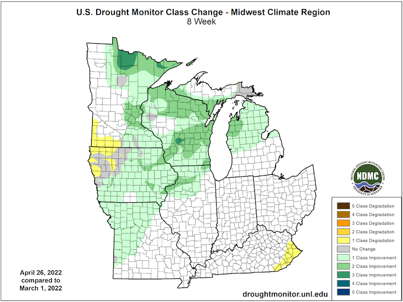 From March 1 to April 26, many areas across the Upper Midwest improved by one to three categories on the U.S. Drought Monitor .