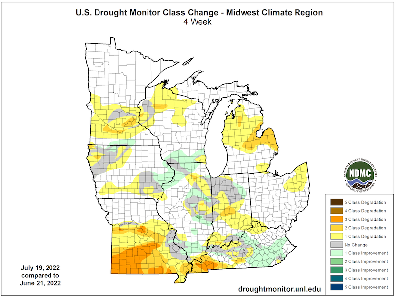The 4-week U.S. Drought Monitor change map shows that drought has intensified by at least one category since June 21 in some portion of all Midwest states.