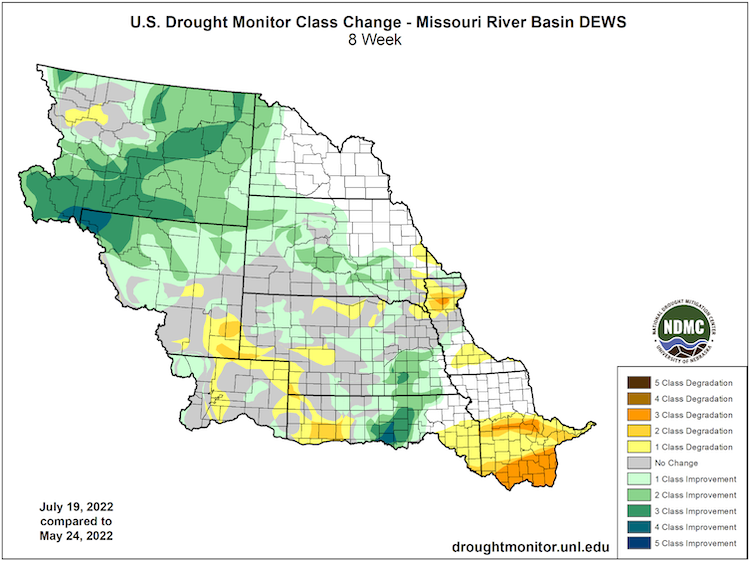 According to the U.S. Drought Monitor, southeast Wyoming, northeast Colorado, western Kansas, central/western Nebraska, southern Missouri, and northwest Iowa have seen drought degradations.