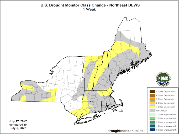 From July 5 to 12, parts of every state in the Northeast (except Rhode Island) saw at least a 1-category U.S. Drought Monitor degradation.