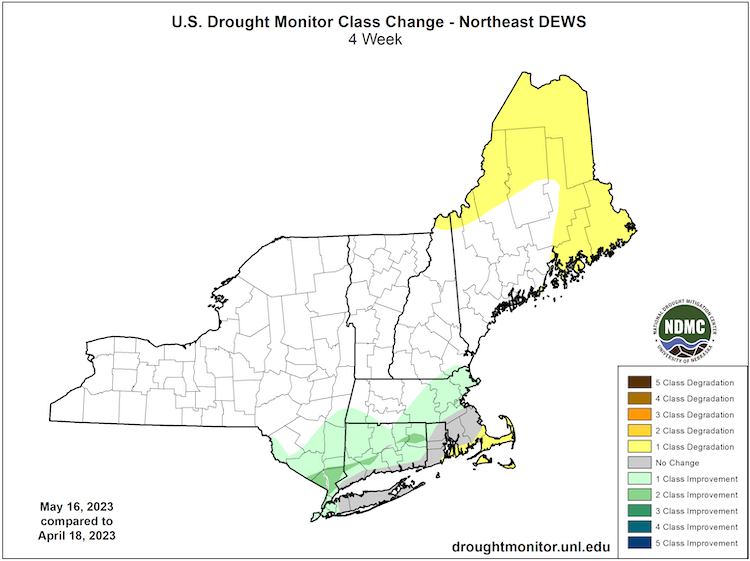 From April 18 to May 16, parts of southern New York, Massachusetts, Connecticut, and northwestern Rhode Island have seen 1 to 2 category improvements in drought/dryness. Meanwhile, far-eastern Massachusetts and much of Maine have seen a 1-category degradation.