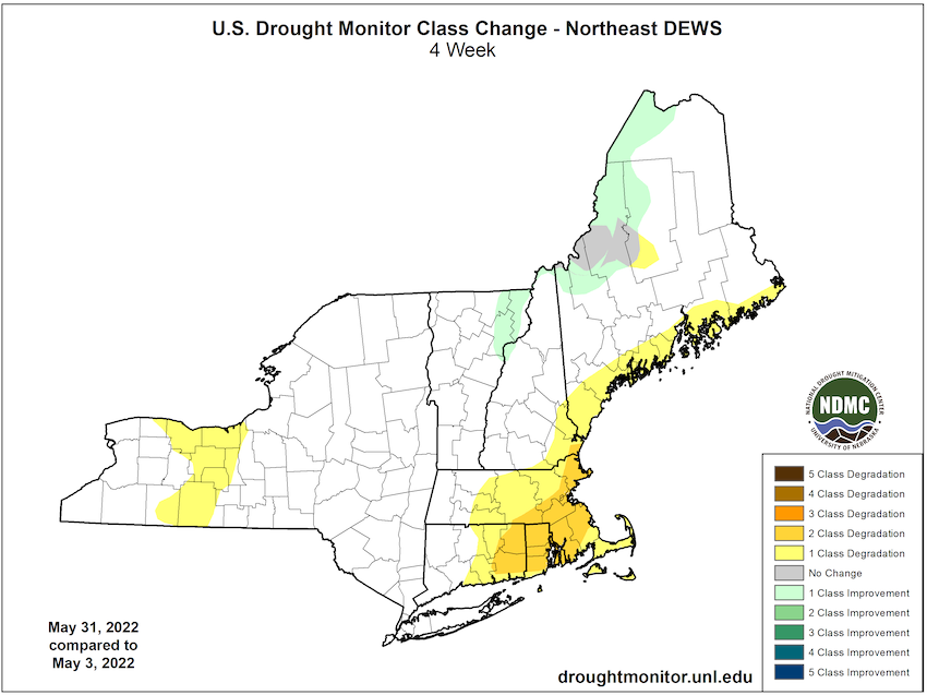 From May 3 to May 31, the southern coast of Maine, Rhode Island, eastern Massachusetts and Connecticut, and the southeastern corner of New Hampshire have all seen a 1- to 2-category degradation, according to the U.S. Drought Monitor.