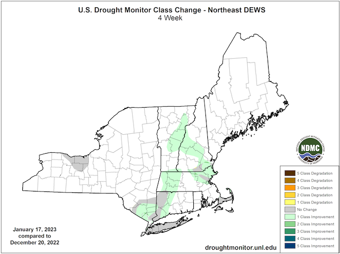 Since December 20, many areas of drought and dryness in the Northeast have seen a one-category improvement, according to the U.S. Drought Monitor.