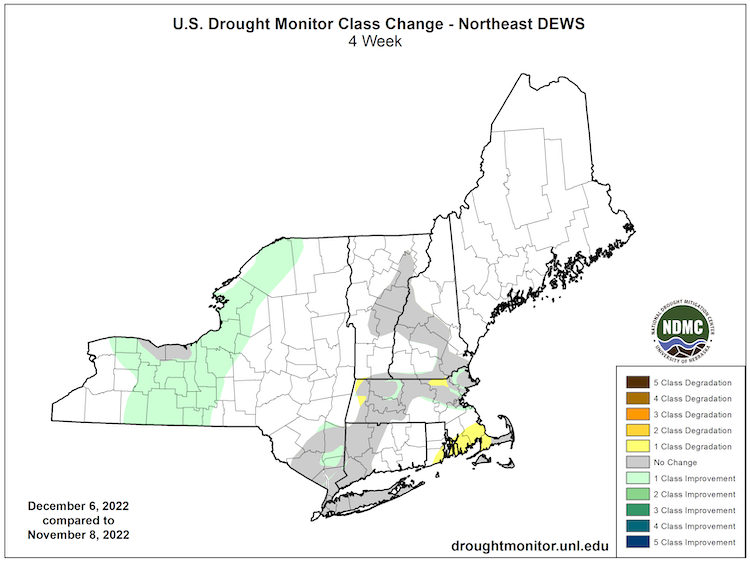 From November 8 to December 6, parts of western New York saw a 1-category improvement in drought/dryness. Eastern Massachusetts saw a 1-category degradation.