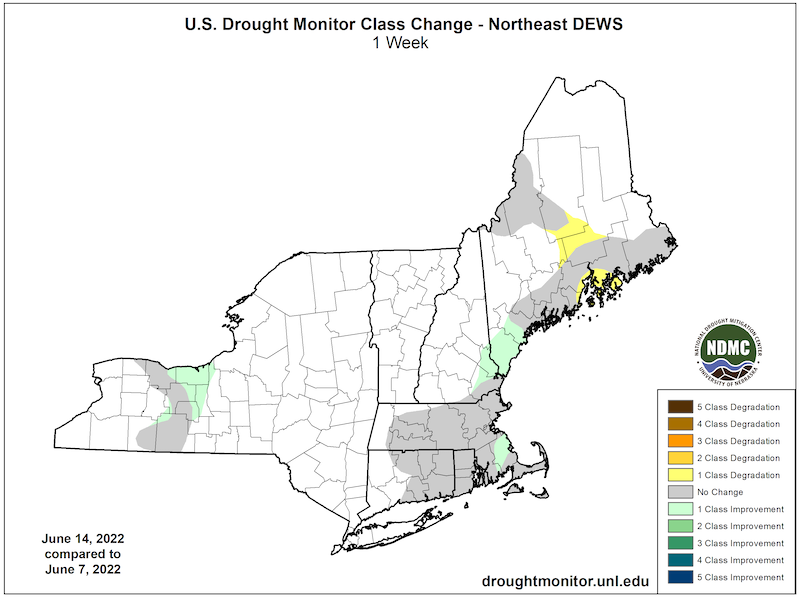 From June 7 to June 14, parts of central Maine saw a 1-category degradation with improvements elsewhere in the Northeast