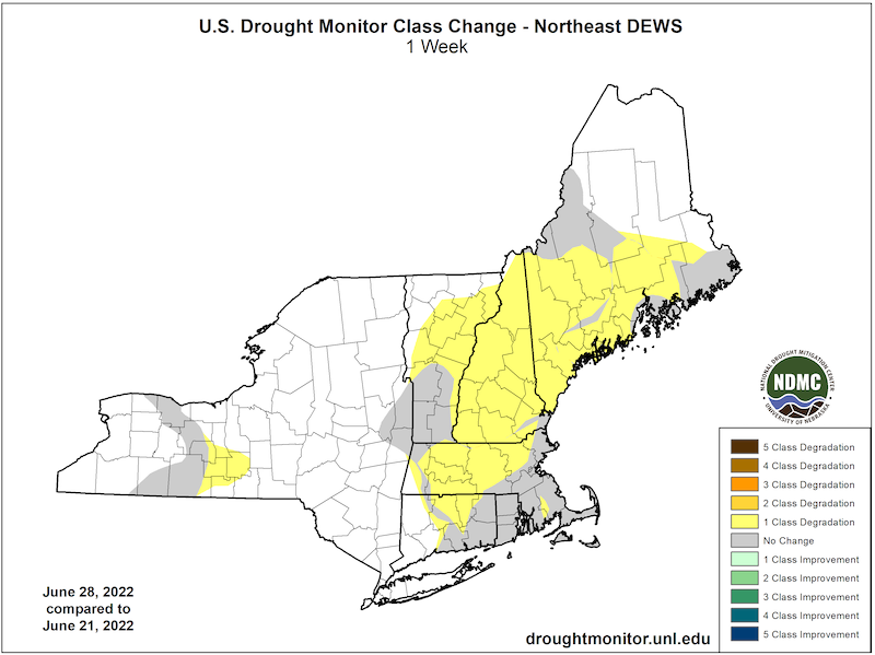 From June 21 to June 28, areas in every state in the Northeast DEWS (except Rhode Island) saw a one-category degradation, according to the U.S. Drought Monitor.
