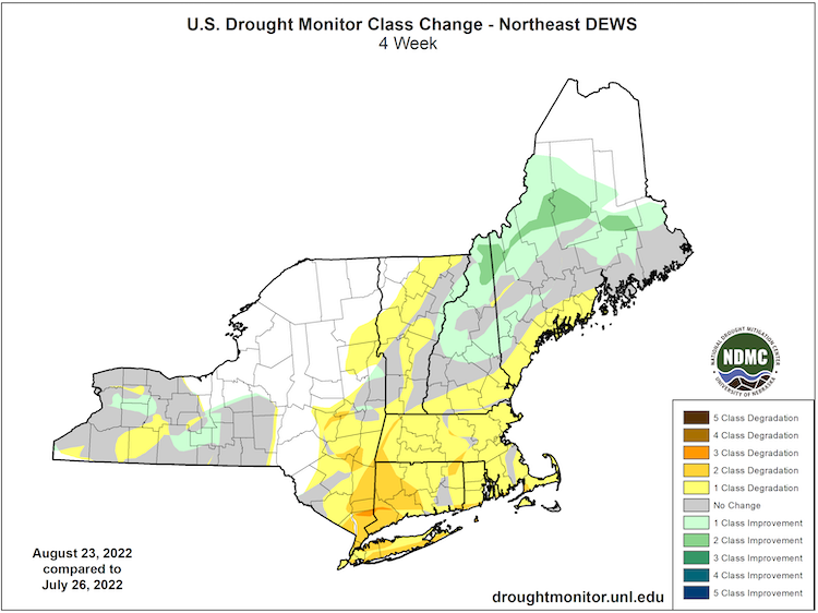 From July 26 to August 23, parts of the Northeast saw 1-2 category improvements, while other areas saw 1 to 3 category degradations.