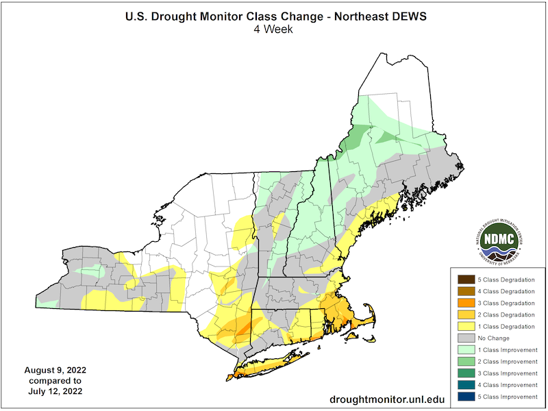 From July 12 to August 9, parts of southeastern New York, eastern Massachusetts, southern Rhode Island and Connecticut, and western Connecticut saw a 2- to 3-category drought degradation. Regions in Vermont, New Hampshire, and northern Maine saw improvements.