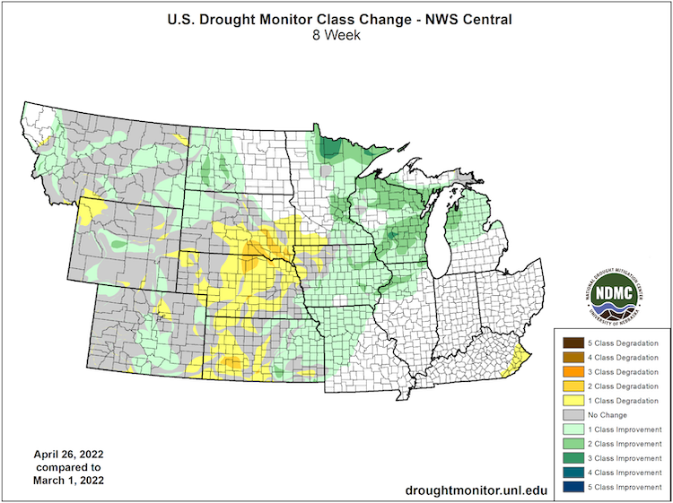 From March 1 to April 26, U.S. Drought Monitor conditions have worsened by 1 to 2 categories across Kansa, Nebraska, and South Dakota.