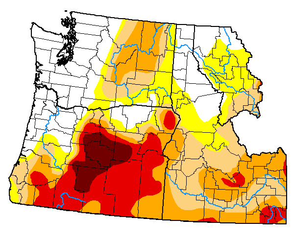 U.S. Drought Monitor map of the Pacific Northwest, valid May 31, 2022. Extreme drought (D3) is present in Oregon and Idaho, with D4 in Oregon.