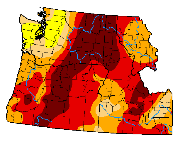 U.S. Drought Monitor map of the Pacific Northwest, valid August 17, 2021. Most of the region is experiencing abnormally dry or drought conditions.