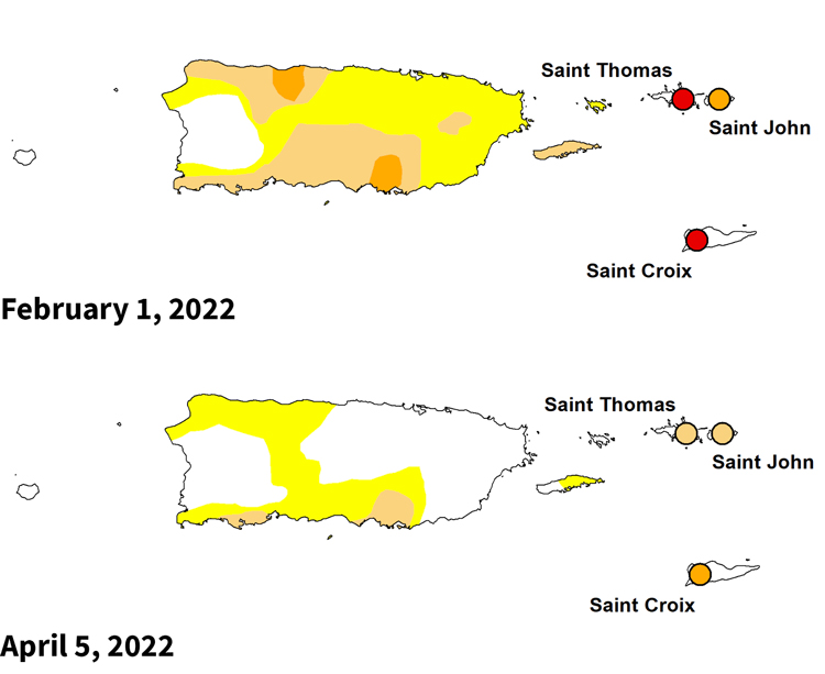 Two U.S. Drought Monitor maps of Puerto Rico and the U.S. Virgin Islands from February 1, 2022 (top) and April 5, 2022 (bottom).