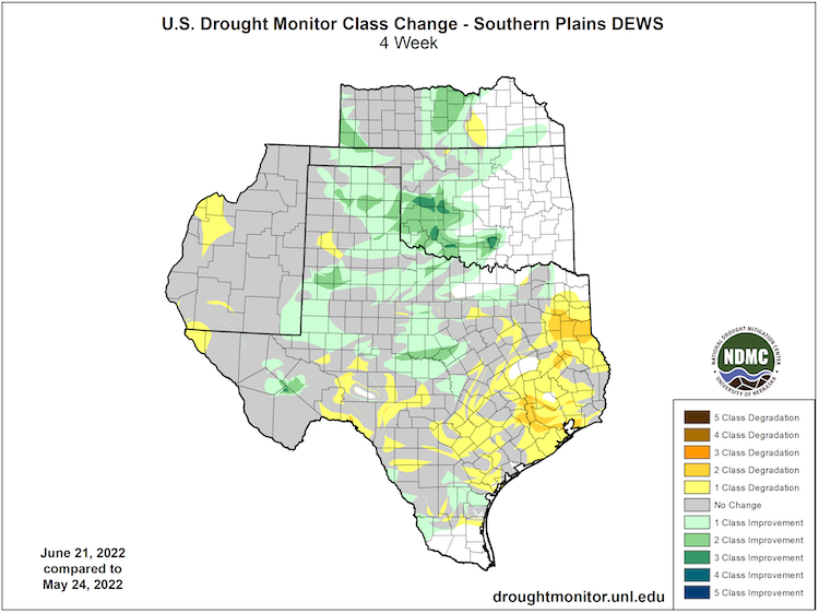 Drought conditions have improved by three categories in western Oklahoma and degraded by one to two categories in far eastern Texas.
