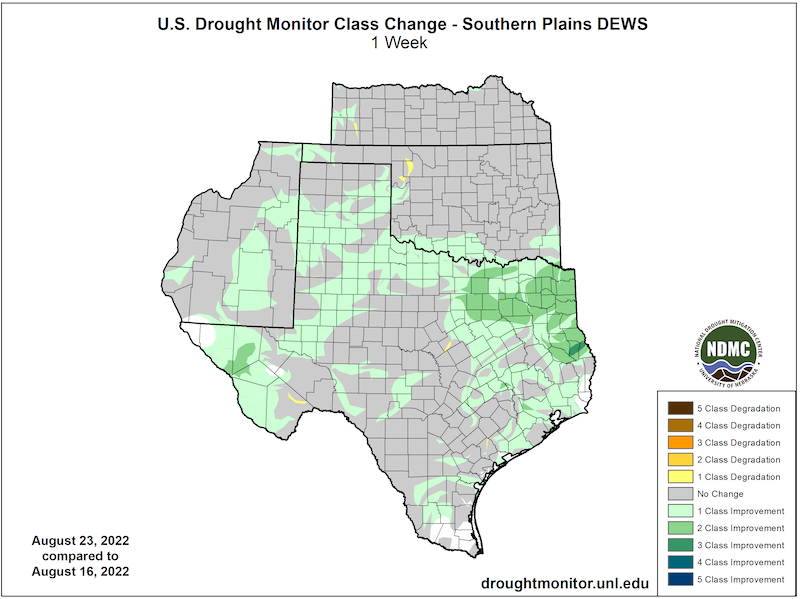 U.S. Drought Monitor change map for the Southern Plains, showing how drought has improved or worsened from July 26 to August 23, 2022. 