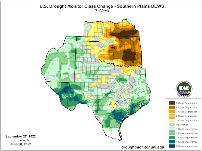  Over the last 13 weeks drought has improved by 3 to 5 categories in New Mexico and western and southern Texas while there are 4-5 category degradation of drought in Oklahoma and southwest Kansas. .