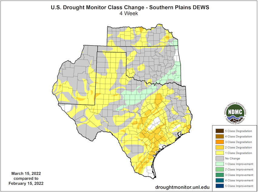 U.S. Drought Monitor Change Map for Kansas, New Mexico, Oklahoma and Texas, showing the change in drought conditions from February 15 to March 15, 2022.  Drought has improv