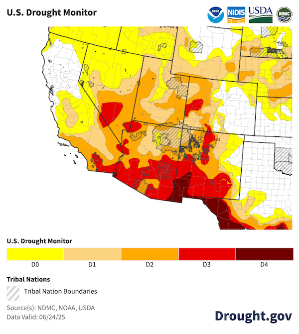 As of June 24, 65% of the Southwestern U.S. states are in drought, according to the U.S. Drought Monitor. Exterme to Exceptional Drought (D3-D4) is present in New Mexico, Arizona, southern Calirofnria and Nevada, and western Colorado.