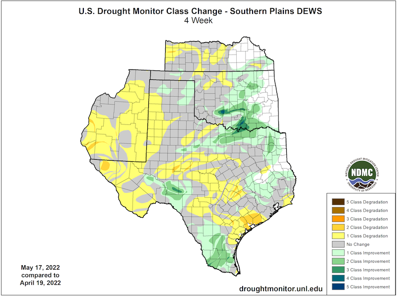 Parts of all states in the Southern Plains have experienced a one to two category degradation, according to the U.S. Drought Monitor, from April 19 to May 17. Meanwhile, central OK and southern TX have seen some improvement. 