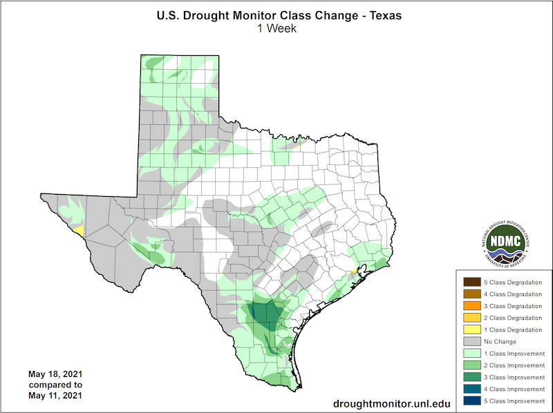 U.S. Drought Monitor Change Map for Texas, showing the change in drought conditions from May 11 to May 18, 2021. Southern Texas, near San Antonio, has seen a 3-category improvement due to rains between the two weeks.
