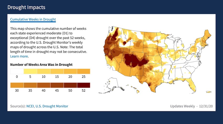 Map displays the number of weeks during 2020 the U.S. experienced USDM Category D1 or greater​.