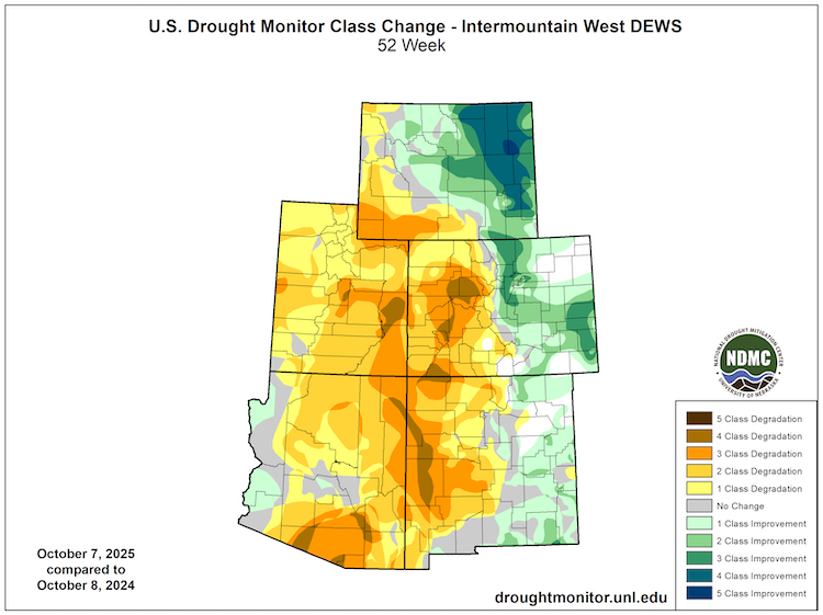 The figure shows a map of change in drought status across Wyoming, Utah, Colorado, Arizona, and New Mexico from October 8, 2024 to October 7, 2025. In the western side of the region, drought intensified and spread. In the eastern side of the region, drought recovery occurred. 