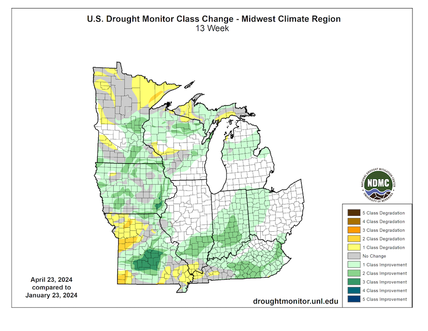 Areas in the Midwest where drought improved over the last 13 weeks include Missouri, Illinois, Indiana, Kentucky, Iowa, and Minnesota. Areas where drought worsened include portions of Missouri, Minnesota, Wisconsin, Michigan, and southern Illinois.