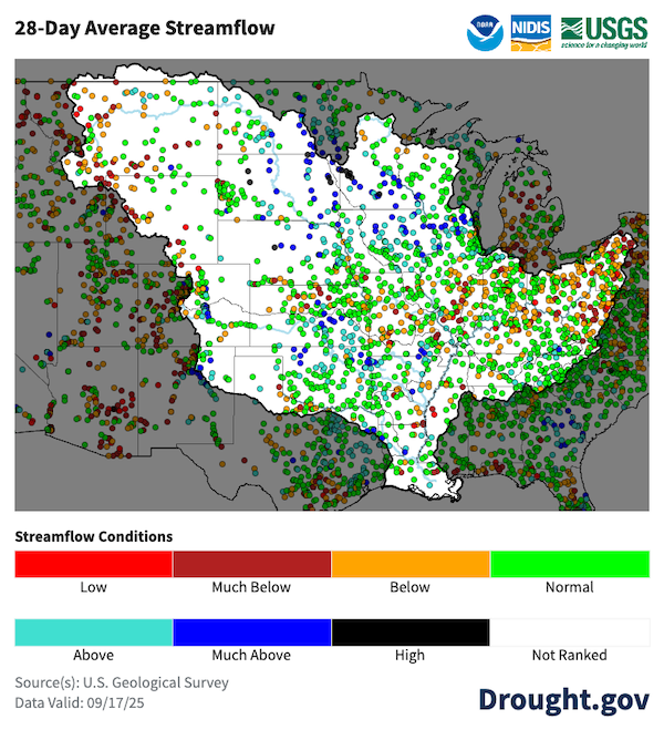 Many streamgages in the Ohio River Basin and Lower Midwest states have below or much below normal flows over the past 28 days.