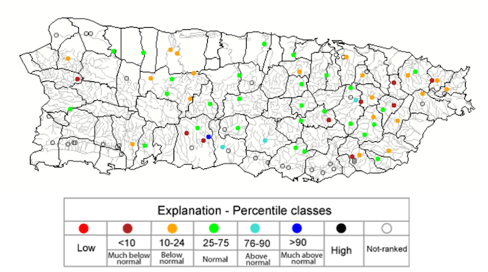 Most 28-day average streamflows are running below normal or well below normal across eastern and south Puerto Rico.