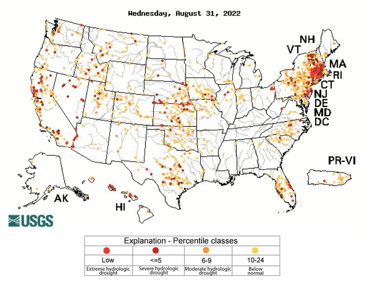 Average streamflows for the last 28 days are also showing moderate to extreme hydrologic drought