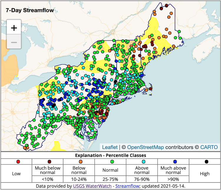 7-day streamflow conditions across the Northeast through May 14, 2021. Streamflow levels are normal to above-normal for most of the Northeast, except parts of Maine, northern Vermont, New Jersey, and eastern Pennsylvania.
