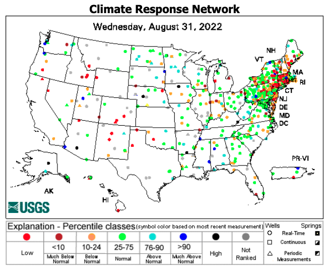  The USGS Climate Response Network shows that wells in northern Indiana, eastern Illinois, Michigan, southern Wisconsin, and Iowa are showing below-normal groundwater levels.
