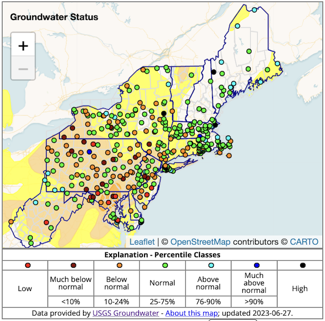 Much-below-normal or record low groundwater levels are present in Pennsylvania, New York, New Jersey, Maryland, and West Virginia. The northern New England states have mostly near- to above-normal groundwater levels (e.g., Maine, New Hampshire).