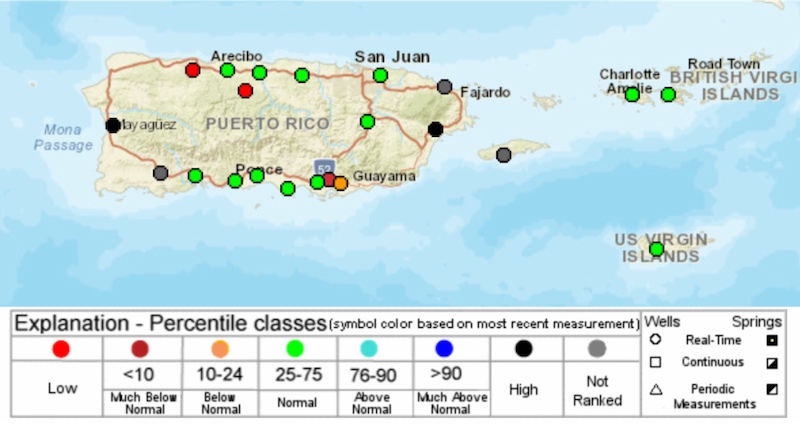 Current groundwater levels for Puerto Rico and the U.S. Virgin Islands.  Most wells are normal or above normal, with a few outliers with below normal conditions.