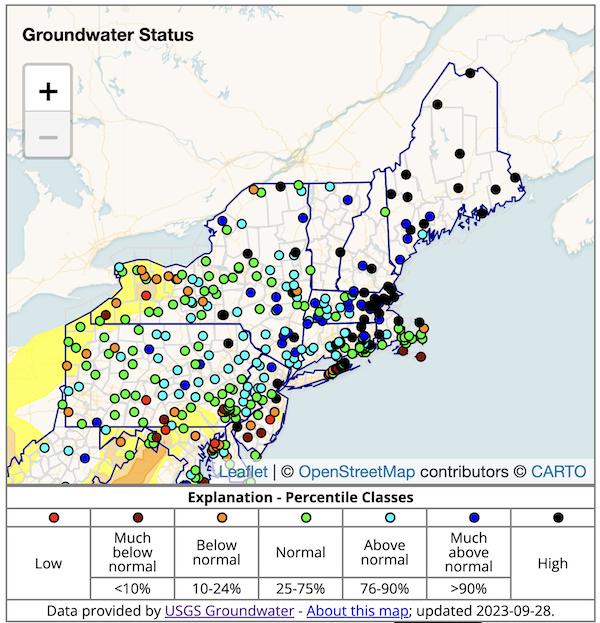 Groundwater levels are near to above normal in much of the Northeast. Below-normal groundwater is present in western New York.