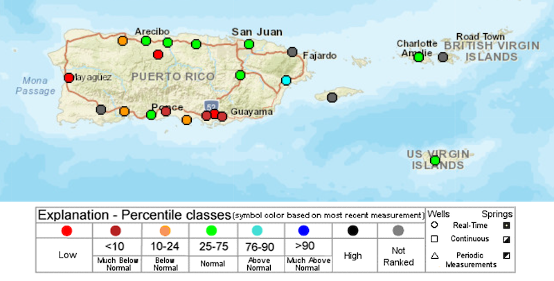 Groundwater levels for the U.S. Virgin Islands and Puerto Rico from the U.S. Geological Survey network.  Several wells across southern Puerto Rico are in critical conditions with values much below normal.