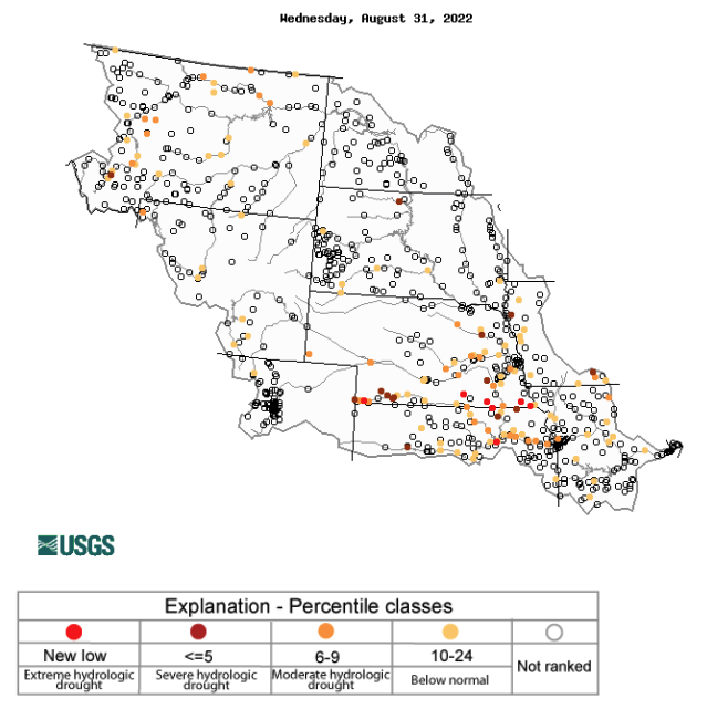 Streamflow is below normal across areas in drought in the Basin, particularly southwest Nebraska and northern Kansas