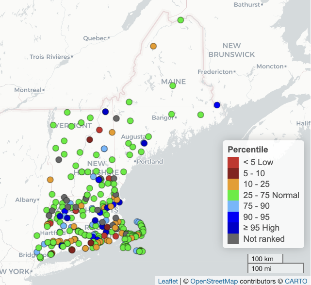 While groundwater levels are normal or above normal across much of New England, several sites in eastern Massachusetts, Rhode Island, Connecticut, and New Hampshire are below normal.