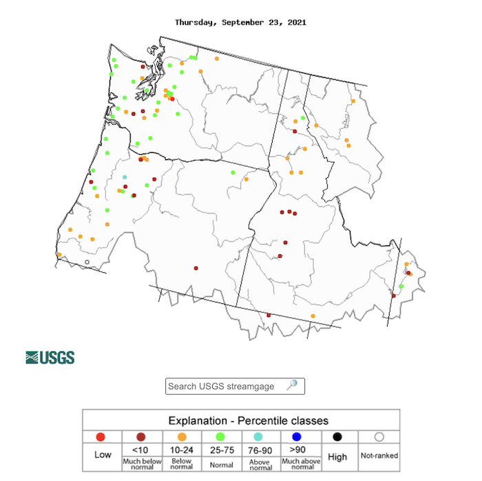 Map of Washington, Oregon, Idaho, and Montana west of the Rocky Mountains shows streamflow gages from the Hydro-Climatic Data Network (HCDN) (a subset of all USGS streamgages where streamflow conditions primarily reflect climatic variations vs human activities). Gages across the region are still showing below, much below, or record low levels with a few exceptions in western Washington and Oregon that are showing normal flows due to recent rains.