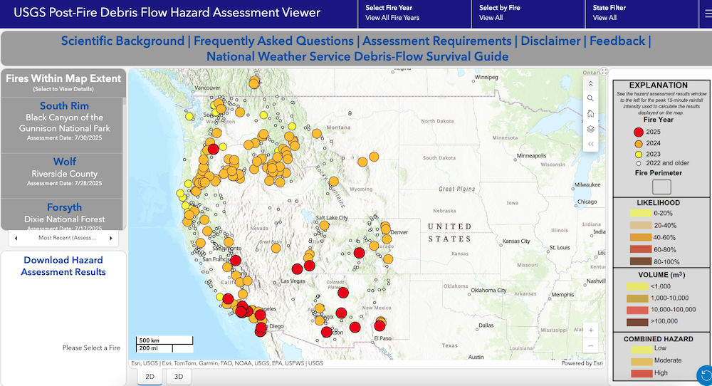 Debris flow risk assessments are available for several mountainous areas in the Western United States that recently experienced wildfires.